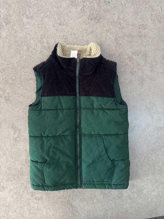 Carter's green puffer vest with a black corduroy yoke and sherpa collar