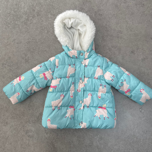 Carter's girls' winter puffer jacket with a fur-trimmed hood and llama print