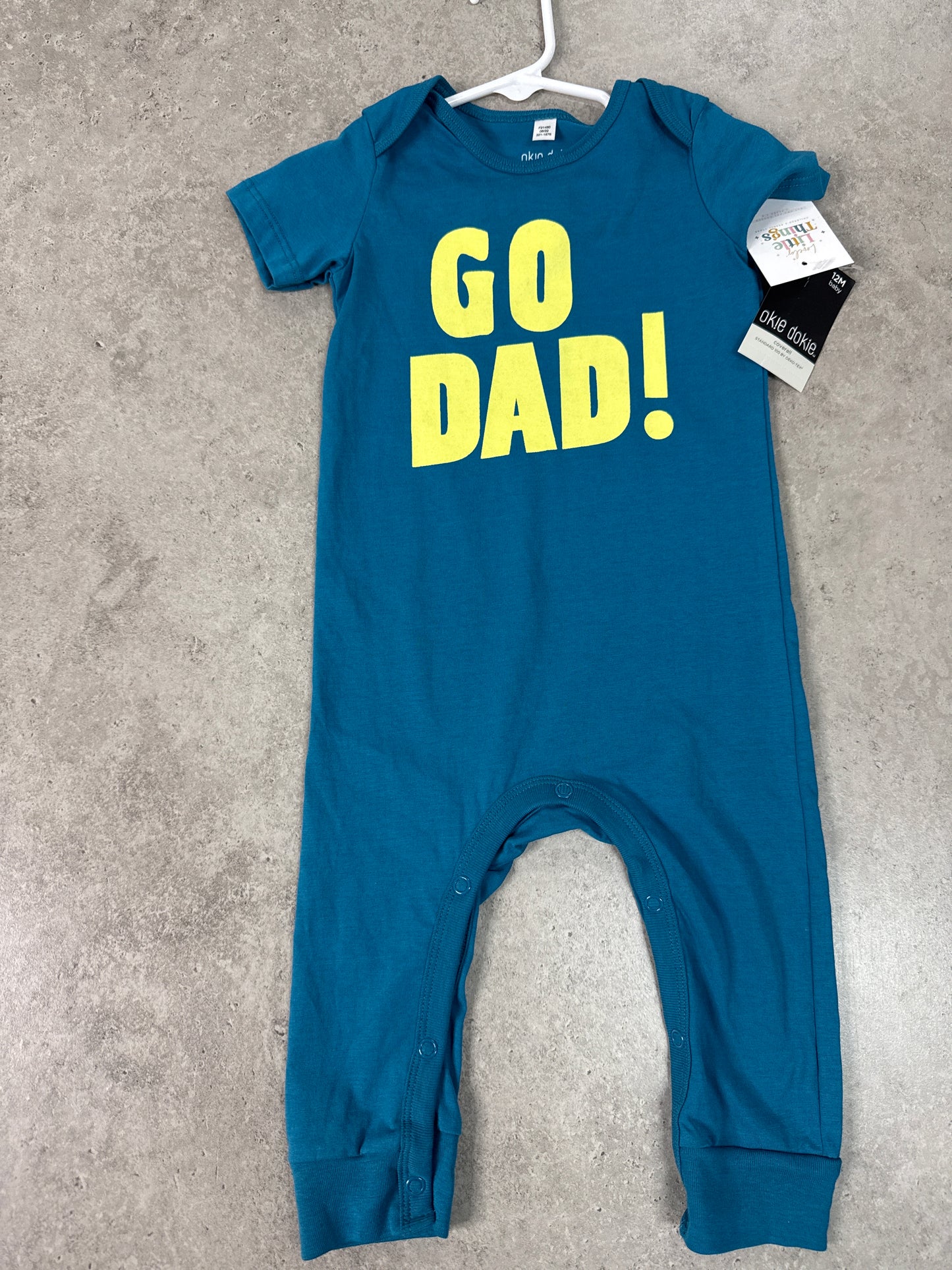 NWT Okie Dokie brand blue romper with a "GO DAD!"