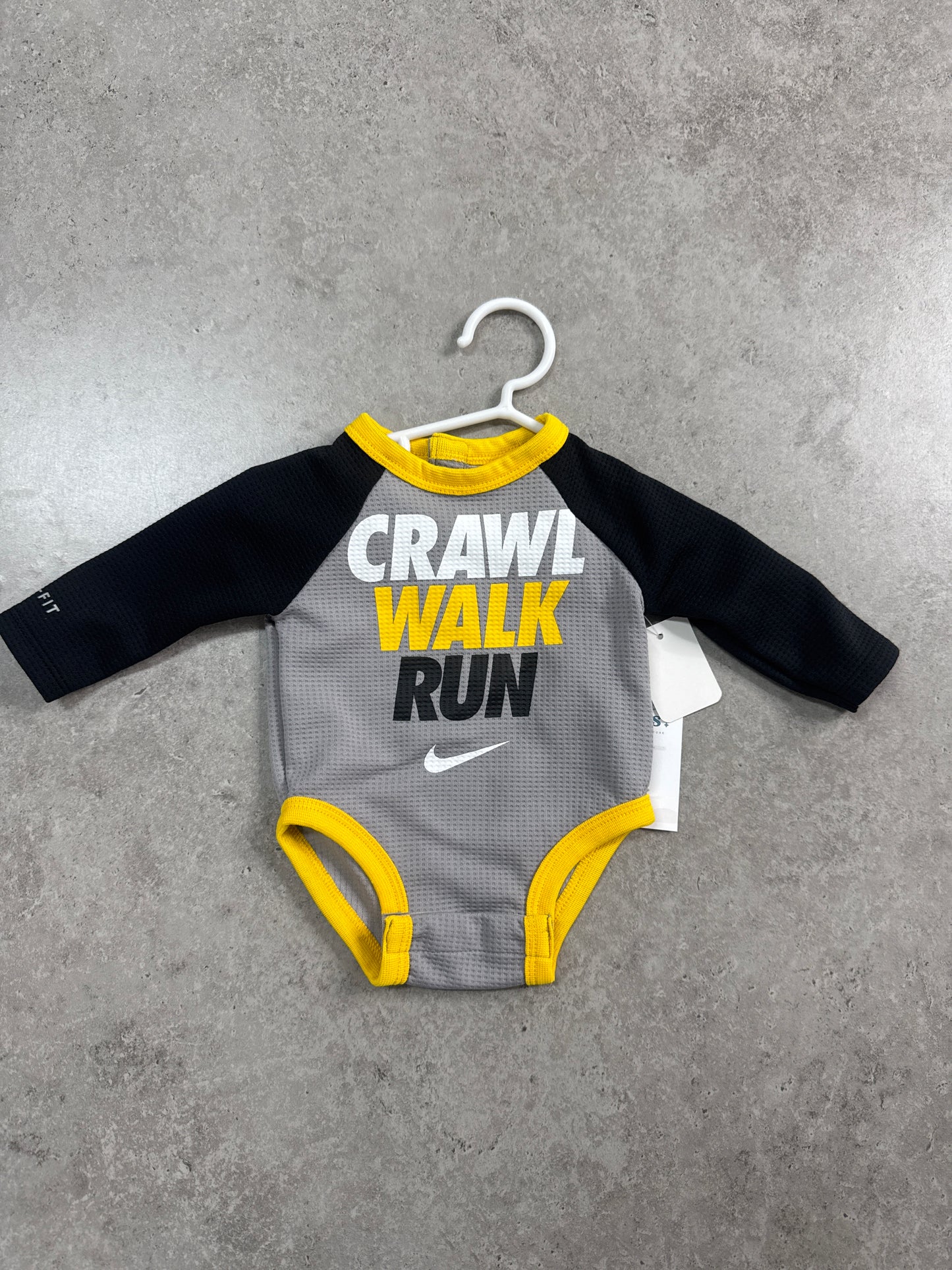 Nike long-sleeve "crawl walk run " bodysuit