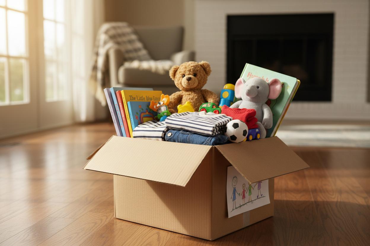 donated kids items in a box