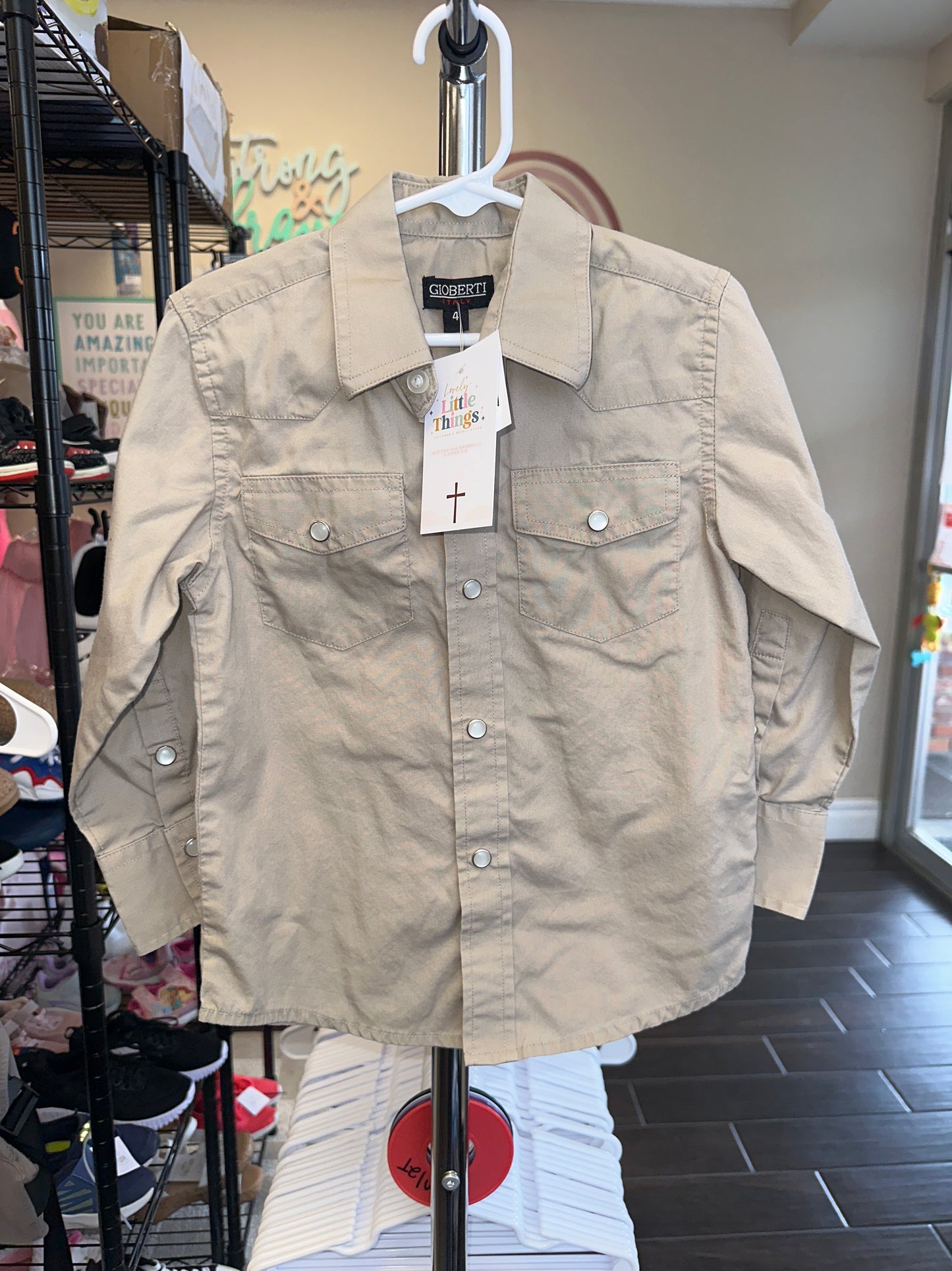 Gioberti solid long-sleeve Western shirt in khaki is a children's top