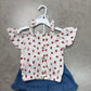 NWT Strawberry print peasant top and denim ruffle skirt set