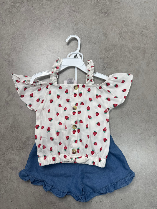 NWT Strawberry print peasant top and denim ruffle skirt set