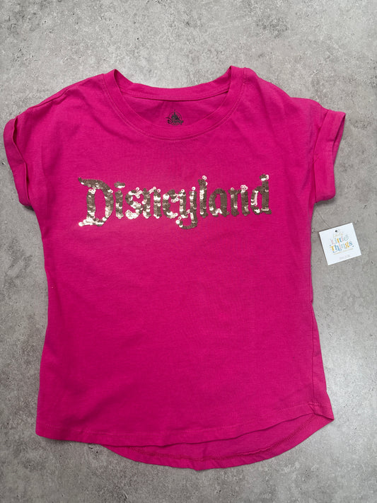 hot pink Disneyland Spirit shirt with silver sequined lettering
