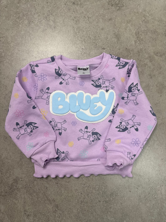 NWT purple Bluey character fleece sweatshirt with a puffy graphic logo