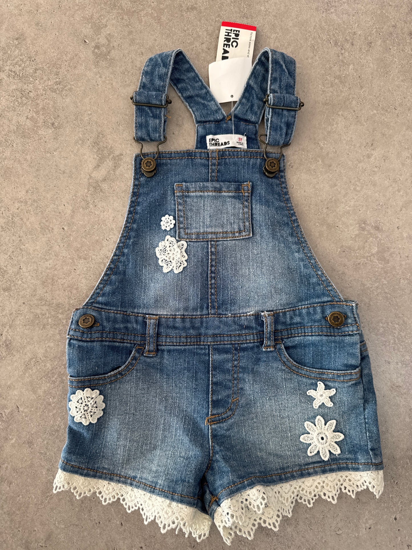 NWT Epic Threads girls' denim overall shorts with lace trim