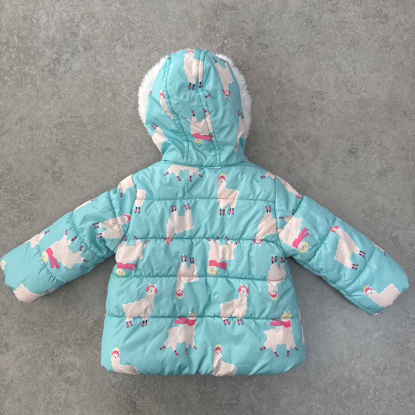 Carter's girls' winter puffer jacket with a fur-trimmed hood and llama print