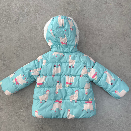 Carter's girls' winter puffer jacket with a fur-trimmed hood and llama print