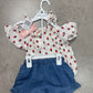 NWT Strawberry print peasant top and denim ruffle skirt set