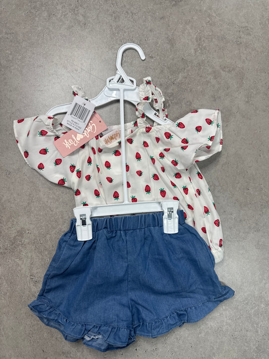 NWT Strawberry print peasant top and denim ruffle skirt set